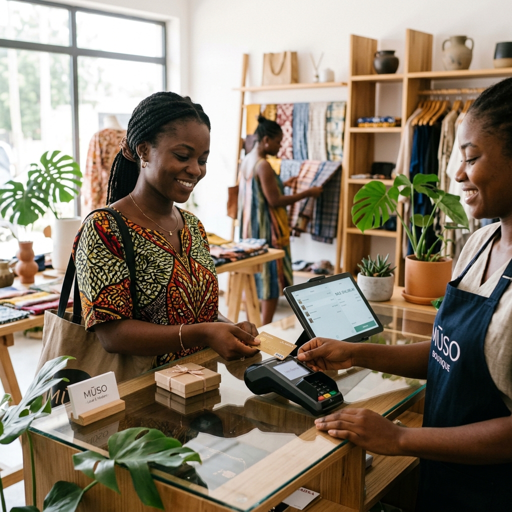 Customer paying with credit card at boutique