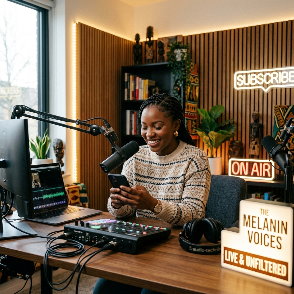 Content creator recording a podcast and checking subscriber notifications