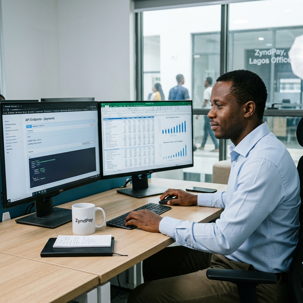 Developer reviewing API documentation and dashboards